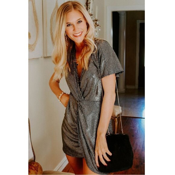 NWT Show Me Your Mumu Get Twisted Silver Metallic 70s Boho Mini Dress - Picture 3 of 11